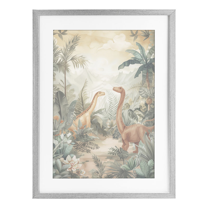 Muted Dinosaurs in Jungle Framed Print Under Glass, design by Ray Powers, Farmhouse Grey Frame, 23" H x 17" W