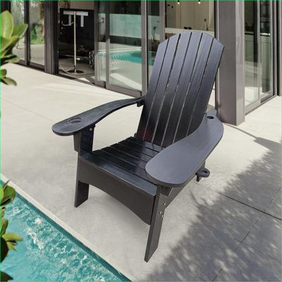 Siège d'appoint en bois noir Adirondack, chaise de patio extérieur pour adultes avec trou pour parasol intégré