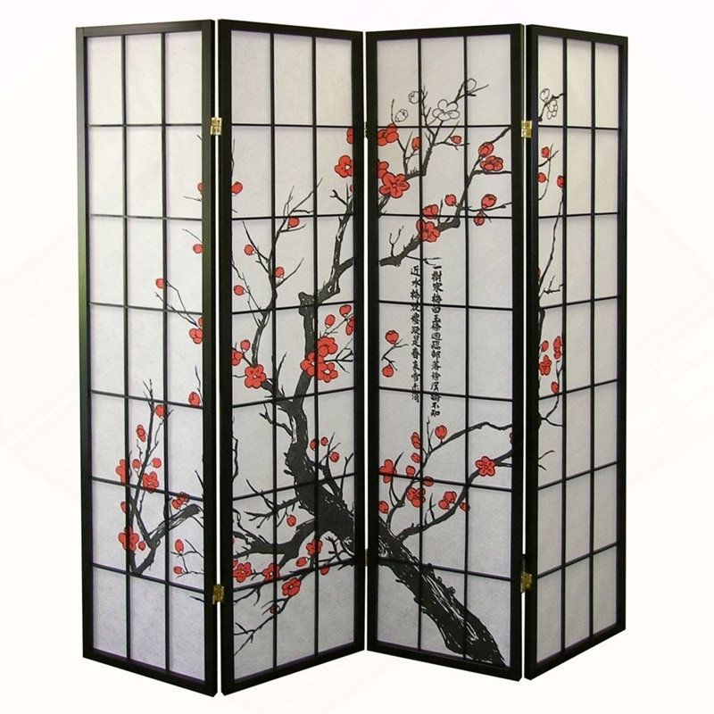 Paravent noir japonais à 4 panneaux, fleur de prunier
