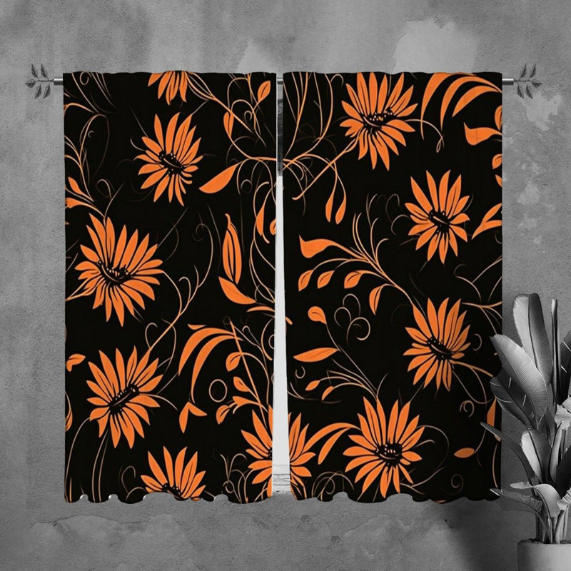 Motif floral de rideaux de fenêtre noirs - 5998, L 40 po x L 61 po
