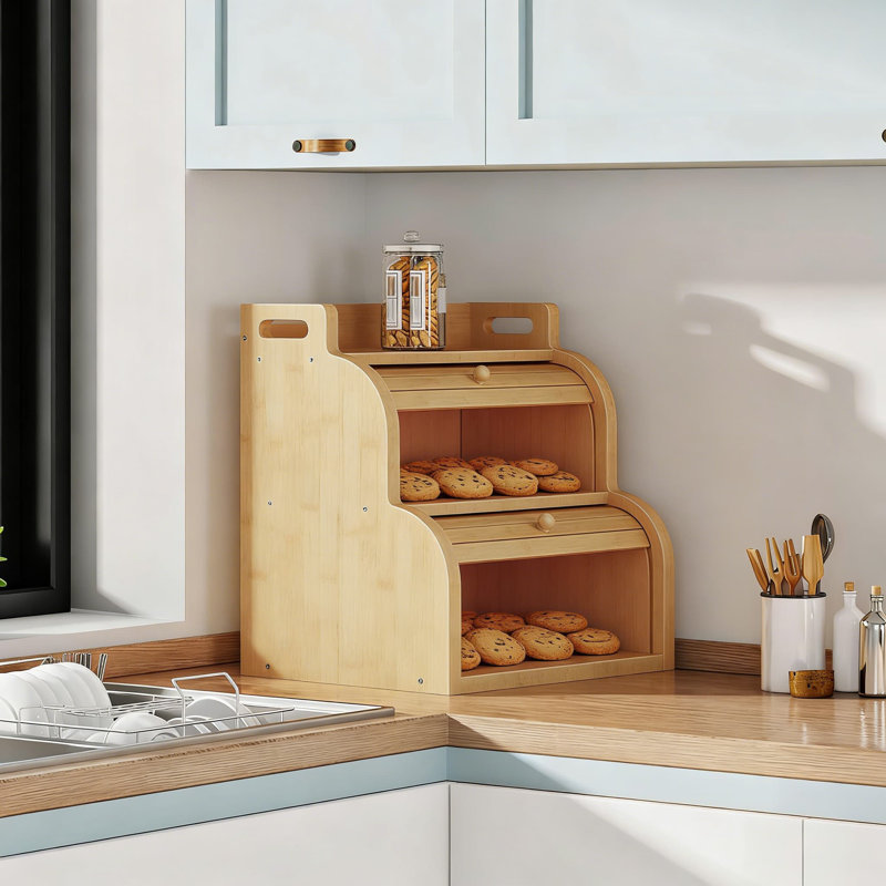 Boîte à pain en bambou avec couvercle à roulettes, organisateur de rangement de comptoir de cuisine à 2 niveaux pour le pain, les fruits et les ustensiles, armoire à nourriture en bois naturel avec ventilation