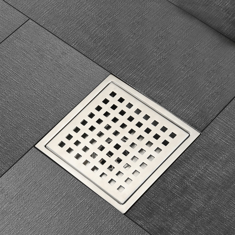 6 Inch Square Shower Floor Drain, Brushed Nickel
