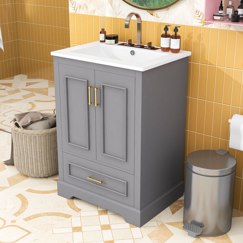 Meuble-lavabo de salle de bain avec lavabo en céramique, tiroir de rangement et armoire à fermeture en douceur, Gris