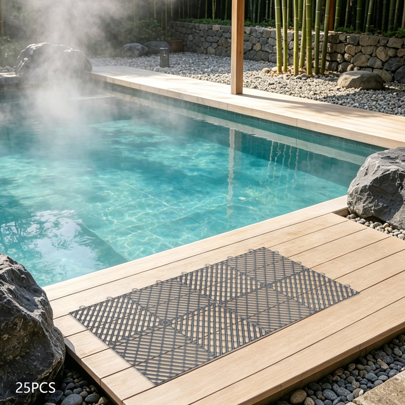 Lot de 25 dalles de terrasse extérieures emboîtables en polypropylène graphite, avec drainage, antidérapantes et faciles à clipser, idéales pour balcon, garage ou piscine (30 x 30 cm).