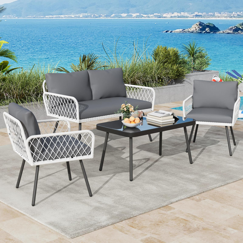 Ensemble de meubles d'extérieur en osier 4 pièces, canapé modulaire de patio avec rotin fait à la main et structure en métal, ensemble de conversation avec table basse pour la cour, le jardin et la piscine, gris