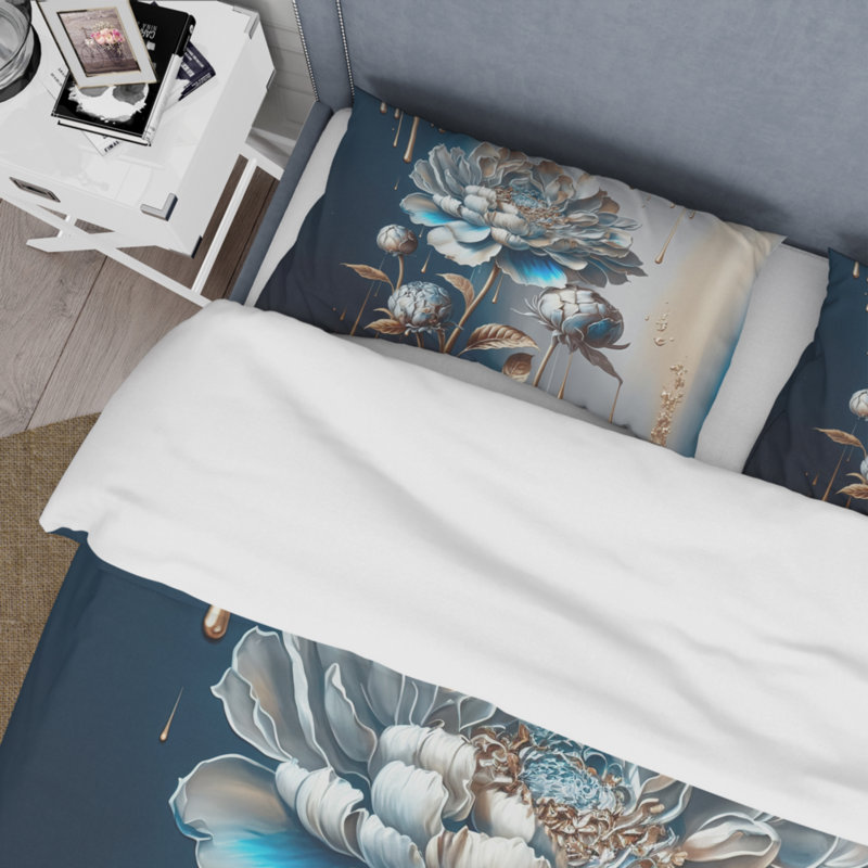 Ensemble de housse de couette à motif floral Zinnia Ice Blue Zinnia - Microfibre polyester