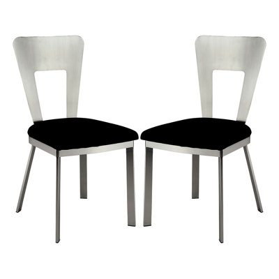 2 Microfiber And Metal Chairs, Silver Black, Padded Seat, Keyhole Back, Dining Room Graceful Of 2 Side & Metal, Silver/Black, Grandiose