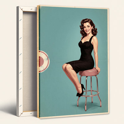 Art mural rétro, femme pin-up en robe noire sur tabouret rose