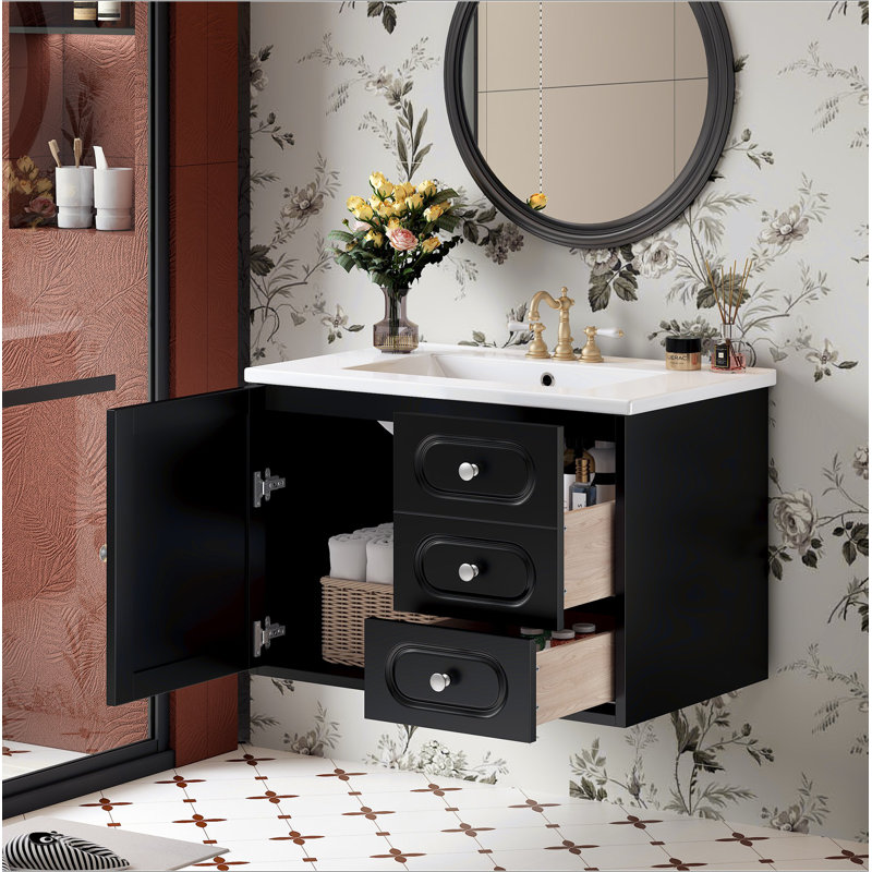 Meuble-lavabo 30 po avec lavabo en céramique, meuble-lavabo Mid-Century avec 2 tiroirs, meuble-lavabo avec grand espace de rangement