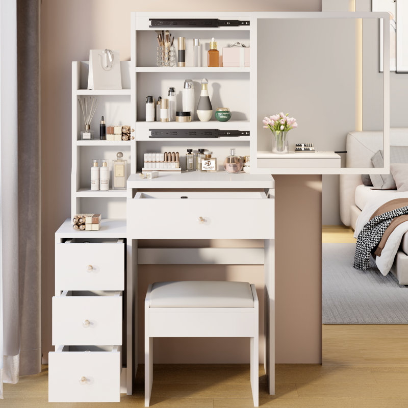 Petit meuble-lavabo et tabouret à la mode avec rangement rembourré et grande capacité
