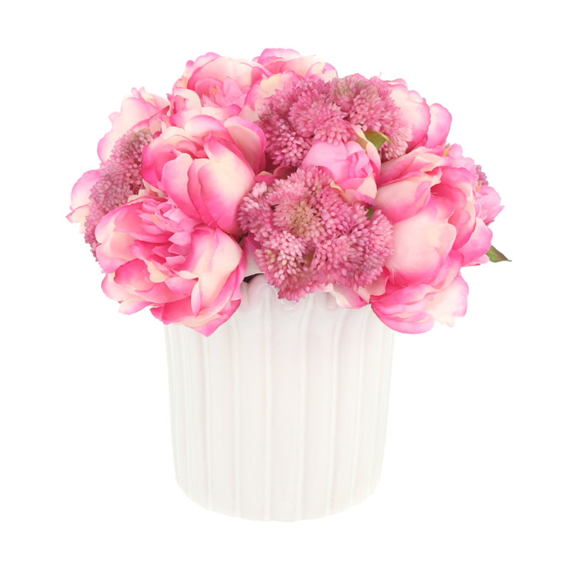Pivoines et Sedum dans un vase en céramique, Rose