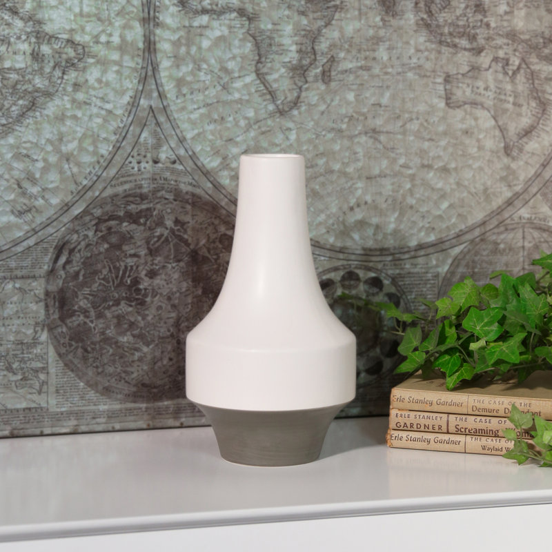 Stoneware Round Vase with Long Neck, Grey Banded Rim Base and Tapered Bottom SM Matte Finish White