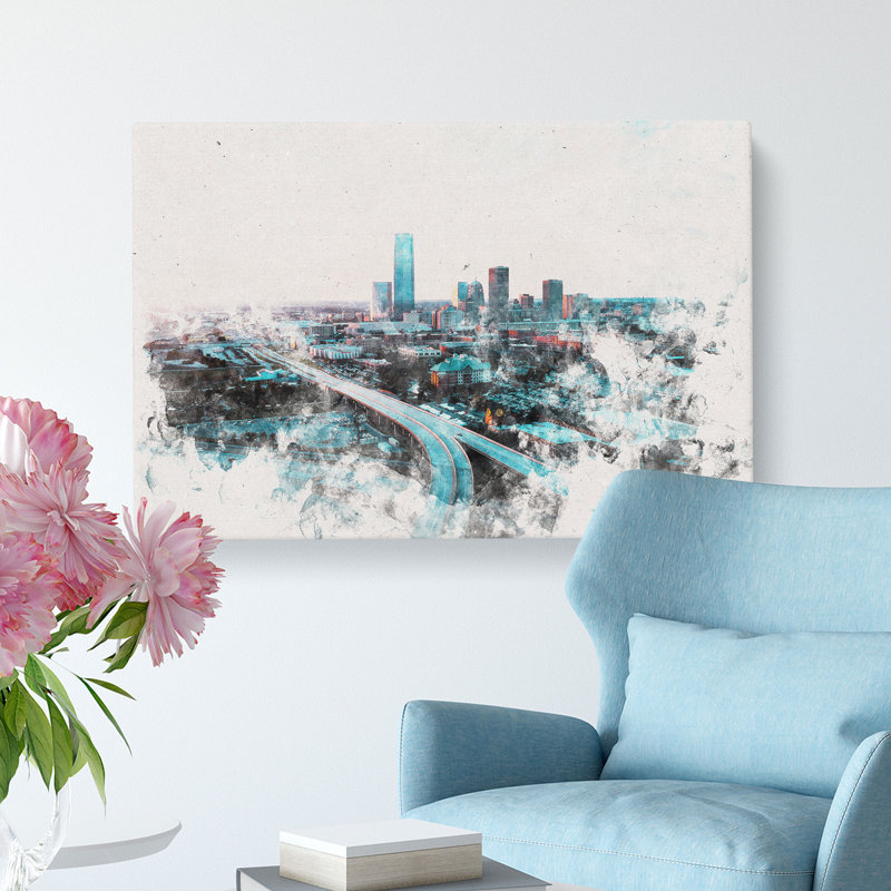 Oklahoma City Skyline Watercolour - Wrapped Canvas, 60cm H x 91cm W x 3cm D
