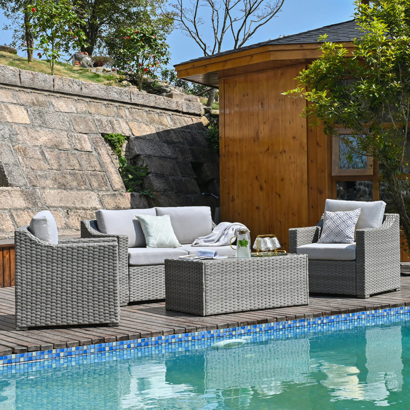 4 - Person Patio Conversation Set with Cushions, Gray, Beige