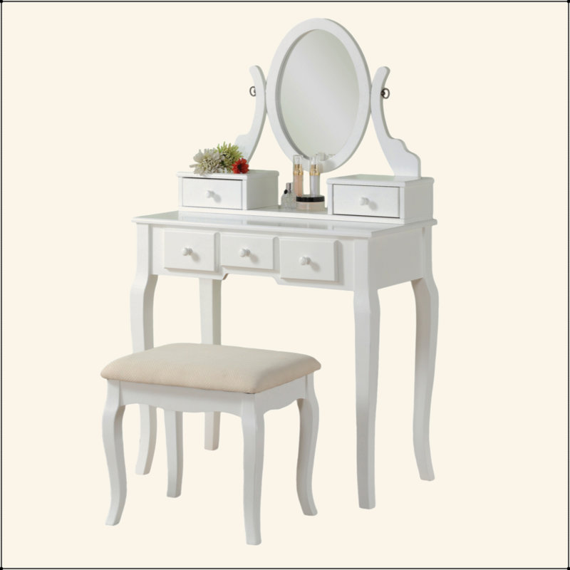 Ensemble coiffeuse et tabouret en bois, blanc