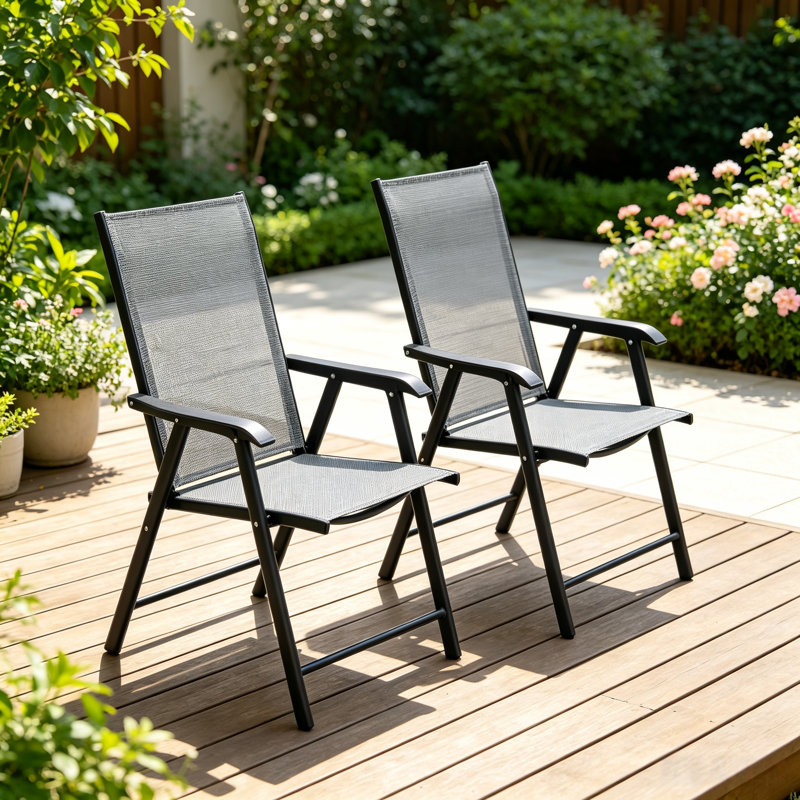 Set of 2 Stackable Outdoor Folding Chairs with Ergonomic High Back, Weather-Resistant for Deck, Garden, Camping, Gray/Black