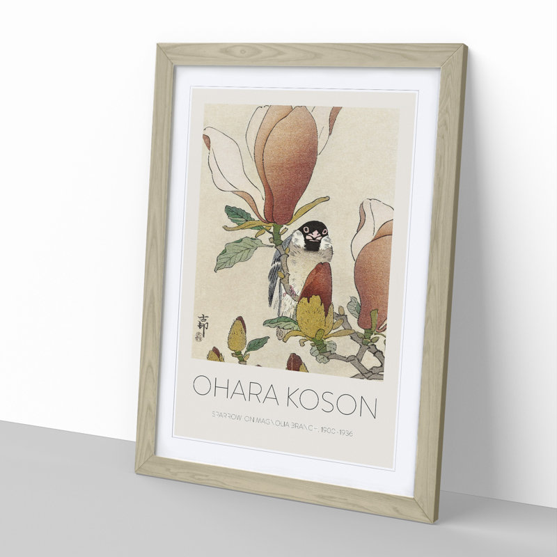 Sparrow Bird Upon Magnolia Branch by Ohara Koson - Single Picture Frame Print, 36cm H x 27cm W x 2cm D, Oak Framed