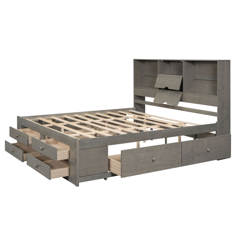 Lit plateforme très grand avec tête de lit à rangement et 8 tiroirs, Gris, Très grand lit