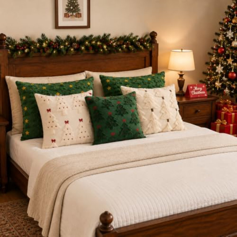 Ensemble de 2 housses de coussin pour arbre de Noël 22 x 22 - blanc, Beige/rouge, Rond 22 po