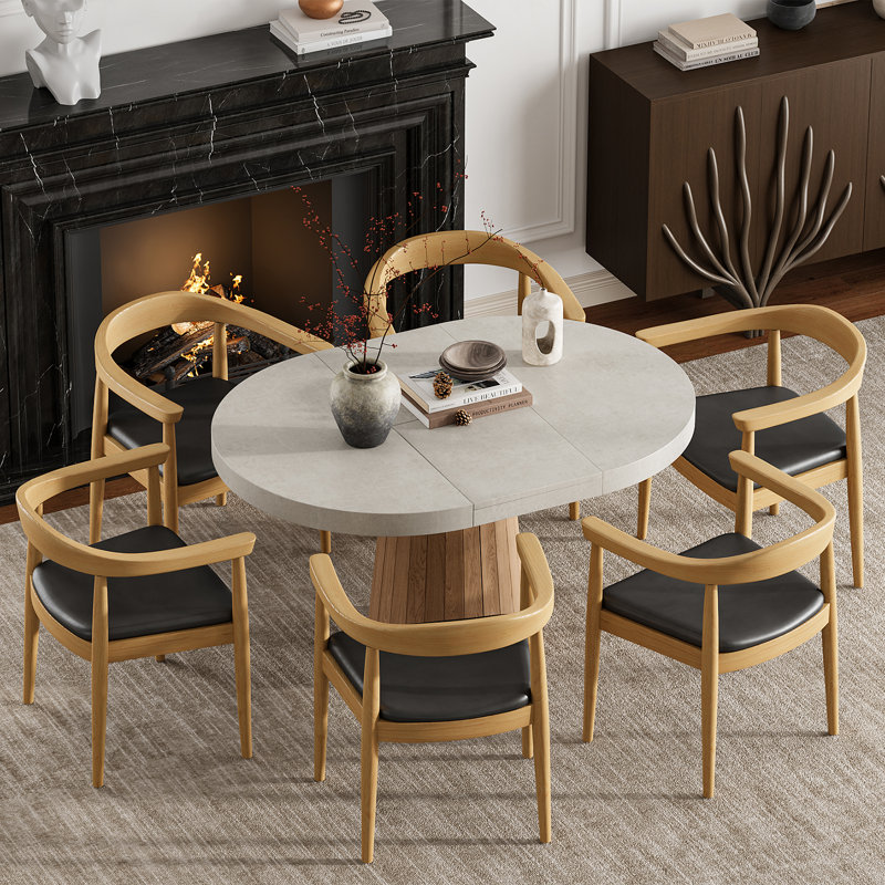 Tailings Oval 39"-55" Round Pedestal Dining Table Wood Extendable Dining Room Table for 4 to 6 Japandi Oval Kitchen Table