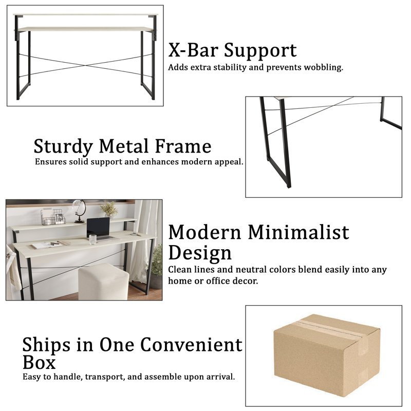 Metal Writing Desk With Shelf, 35.63" H x 55.12" W x 19.68" D, Light Gray