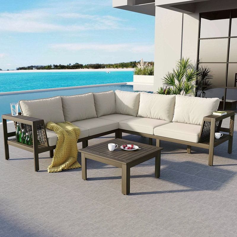 Ensemble de 4 canapés d'extérieur en bois d'acacia, accoudoirs en filet tissé, ensemble de canapé de patio en forme de L avec table basse, ensemble de conversation d'extérieur avec coussins beiges et table d'appoint