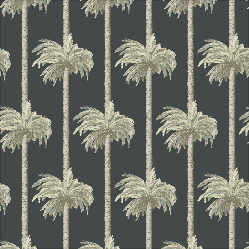 Retro Tiki Palm Trees - Wallpaper, Black, Faux Grasscloth