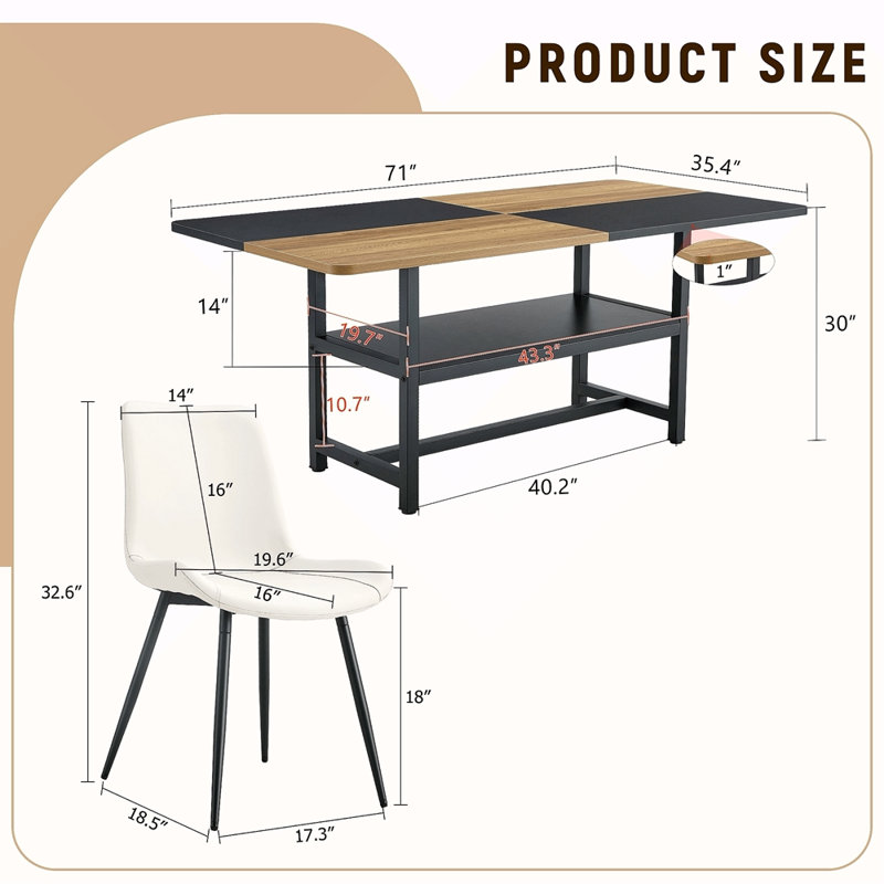 Table And Chair Set. Wooden And Black Spliced Dining Table With Storage Function In The Middle Of The Table Legs.Paired With Artificial PU Chairs With Curved Widened Cushion Design
