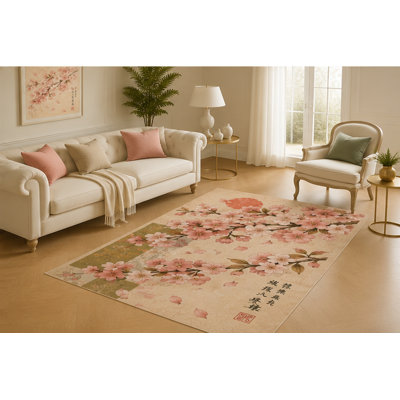 "Ultra Lightweight" 5' x 7' Cherry Blossom Scroll Area Rug for Living Room, Soft Low Pile Floor Mat with Non-Slip Silicone Backing for Bedroom, Tea Room, Office, Kids and Pets