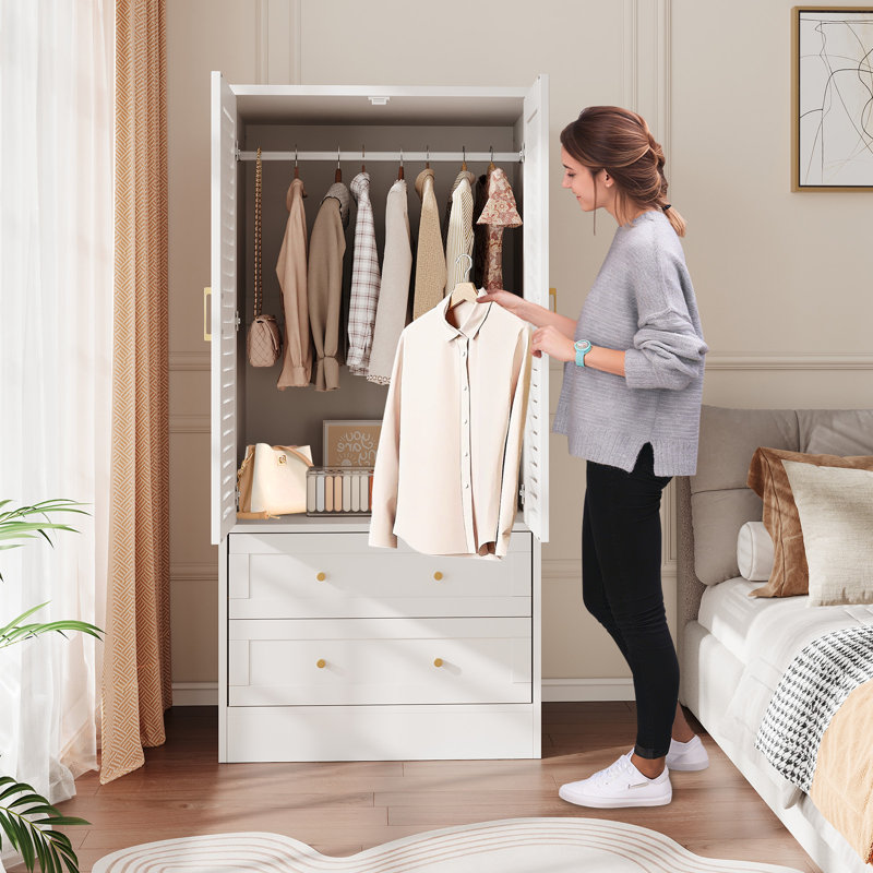 Armoire-penderie en bois avec 2 portes, 2 tiroirs et tringle, meuble de rangement autoportant pour chambre à coucher