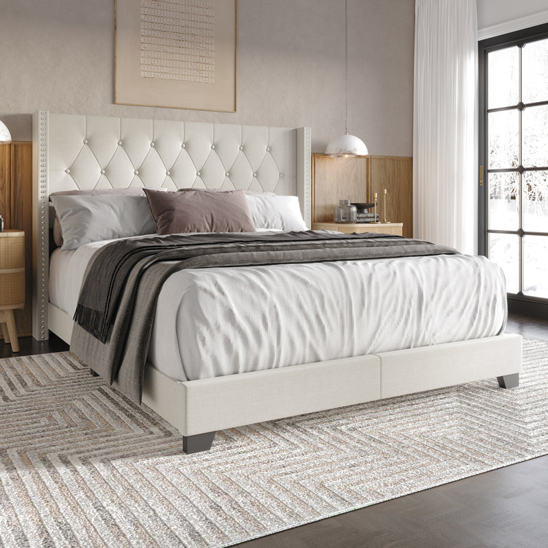 Elysian Upholstered Wingback Bed, Queen, Warm Gray