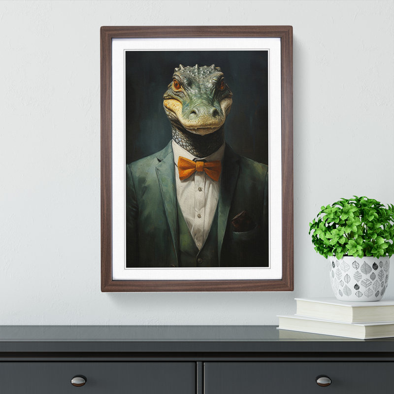 XYZ-FRM-V1223-455 Crocodile In A Suit Painting - Single Picture Frame Print on Wood, Walnut, 46cm H x 34cm W x 2cm D