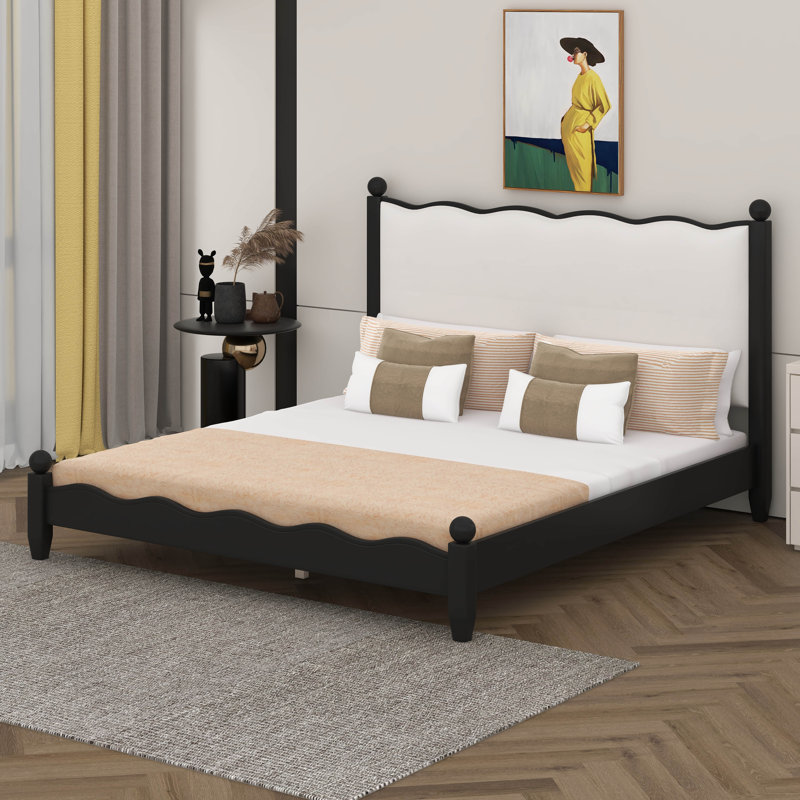Lit plateforme avec tête de lit tapissier festonnée, structure en bois, Queen, Black/Beige