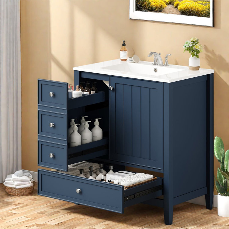 Dans un meuble-lavabo bleu (doit inclure le meuble-lavabo et le lavabo)