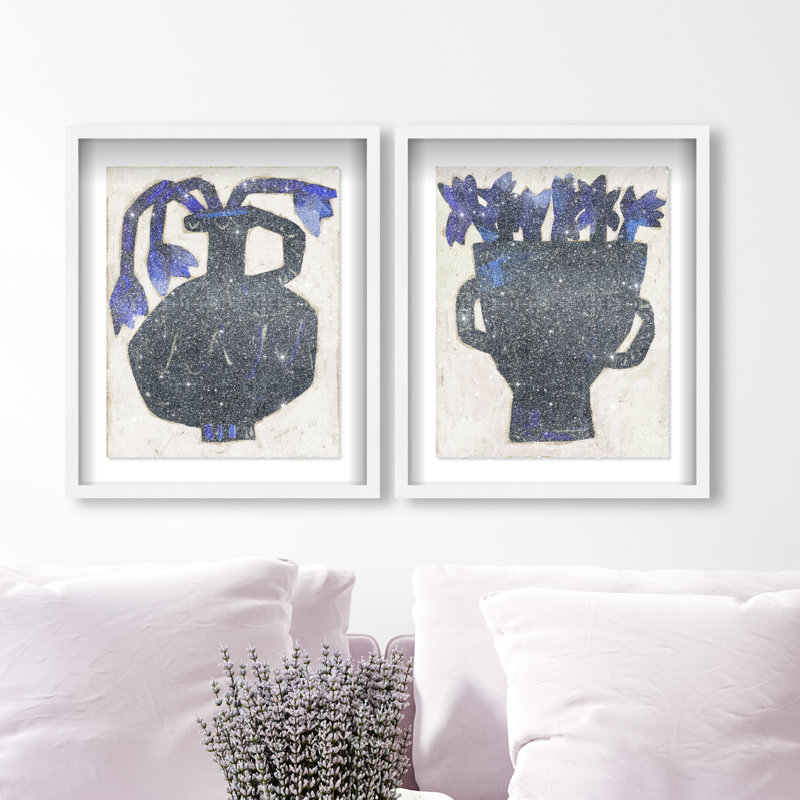 Indigo Vases Set Shadowbox Floral & Botanical Print by Oliver Gal, Black Frame, 16 x 20, 51"H x 43"W, White Shadowbox