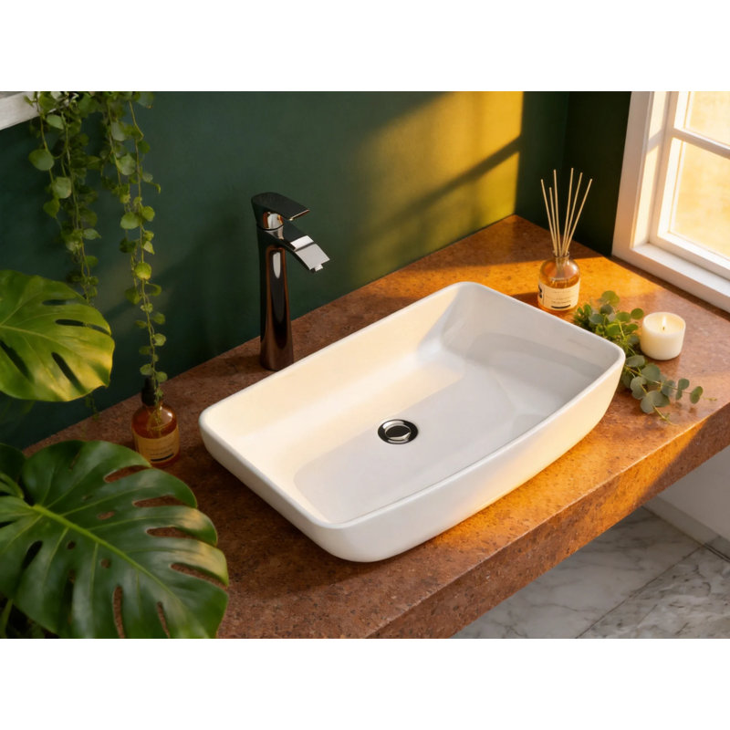 Vasque rectangulaire en porcelaine vitrifiée blanche de 61 x 38 cm (24 x 15 po), grand lavabo à poser avec bonde de 4,4 cm (1,75 po).