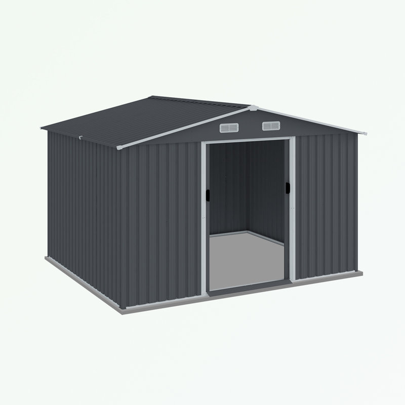 Outdoor Metal Storage Shed with Sliding Doors and Air Vent, 76.7" H x 118.1" W x 95.6" D
