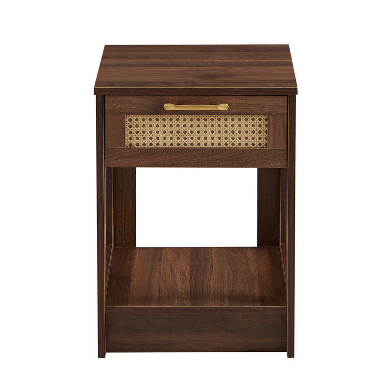 1-Drawer Rattan Nightstand with Open Storage Shelf, Walnut
