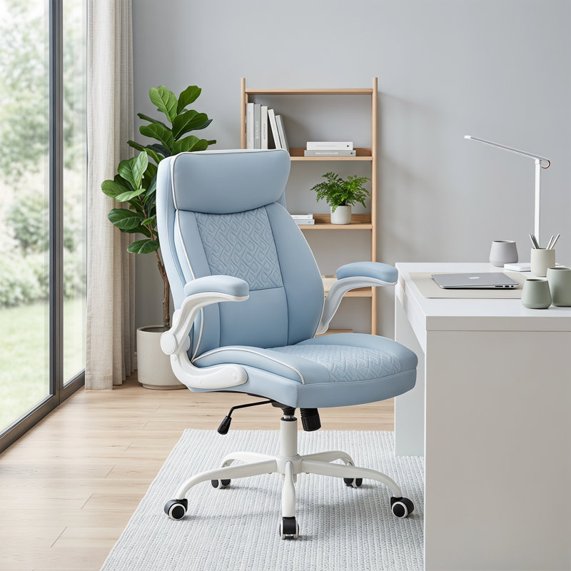 Ergonomic High Back Upholstered Executive Office Chair Adjustable Leather Home Office Chair, Blue, White