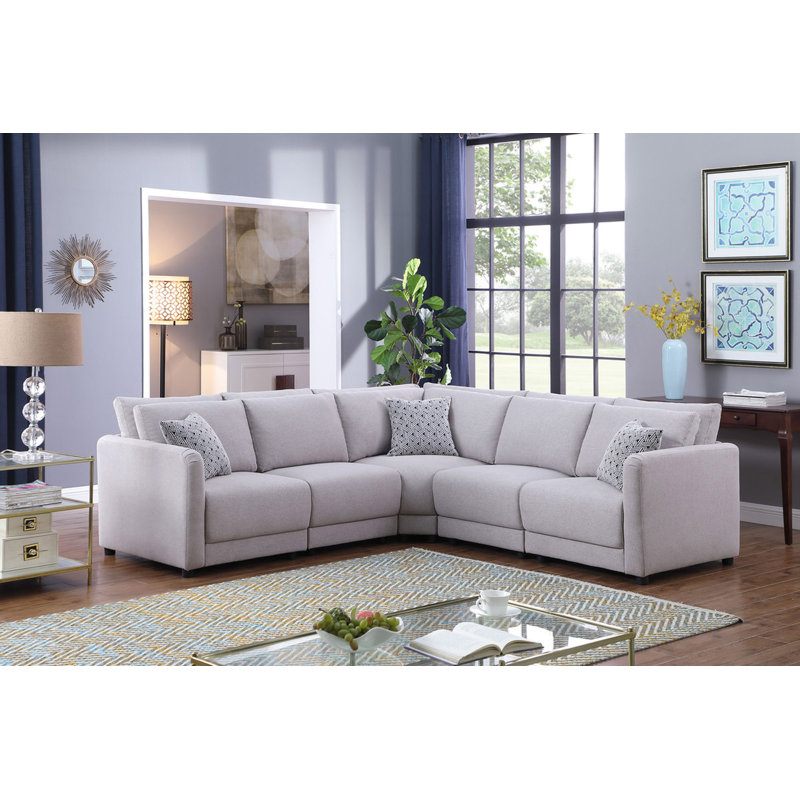 Penelope Light Grey Linen Fabric Reversible L-Shape Sectional Sofa With Pillows