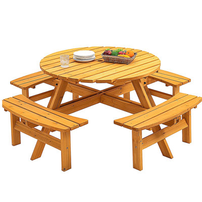 Table de pique-nique en bois pour 8 personnes, table de camping en plein air avec siège, jardin, bricolage avec 4 bancs intégrés, capacité de 2220 lb - Naturel