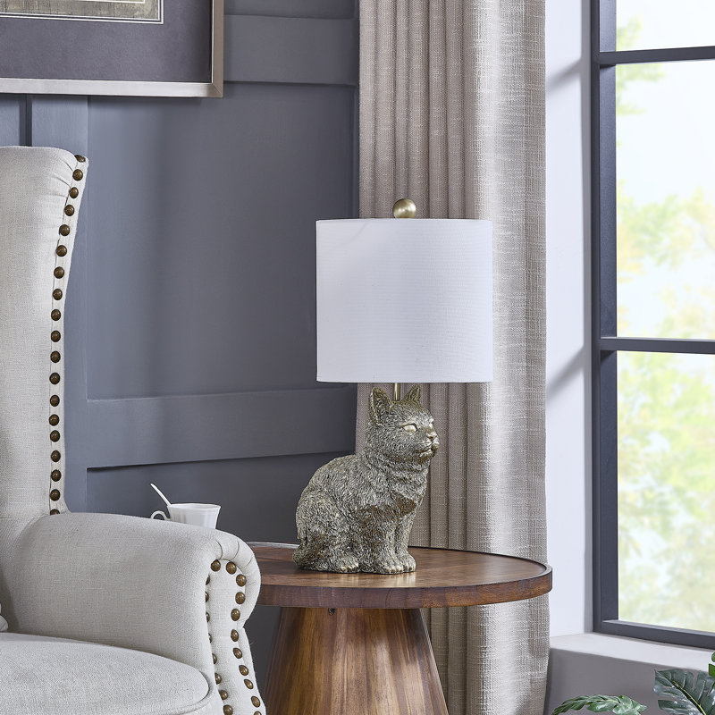 20" Resin Cat Table Lamp With Shade, White, Gold
