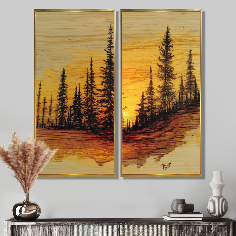 «Winter Sunset In Alaska Forest», reproduction d'art sur toile, décor de paysage noir 2 pièces, Cadre flottant, Doré