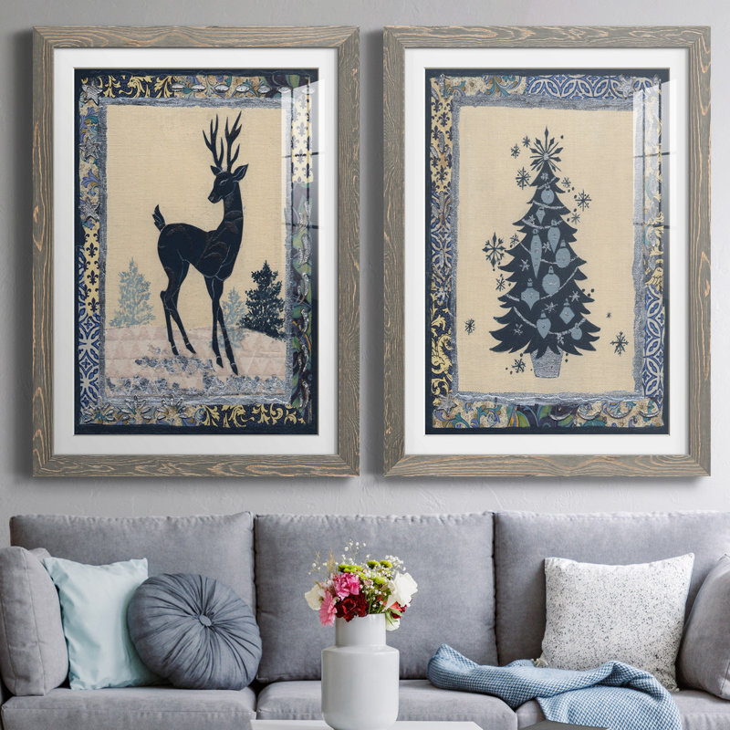 Silhouette de cerf - ensemble de 2 impressions, H 37,5 po x l 55 po x P 1,5 po, Cadre en papier gris, Blanc