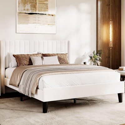 Upholstered Platform Bed with Wingback Headboard, White Velvet, Wooden Slats, Noise-Free, No Box Spring Needed by Mercer41