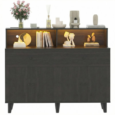 Modern 6-Drawer Storage Cabinet with LED Light and Charging Station – Adjustable Open Shelves, Multi-Drawer Dresser for Bedroom, Living Room, Kitchen, or Entryway – Durable MDF