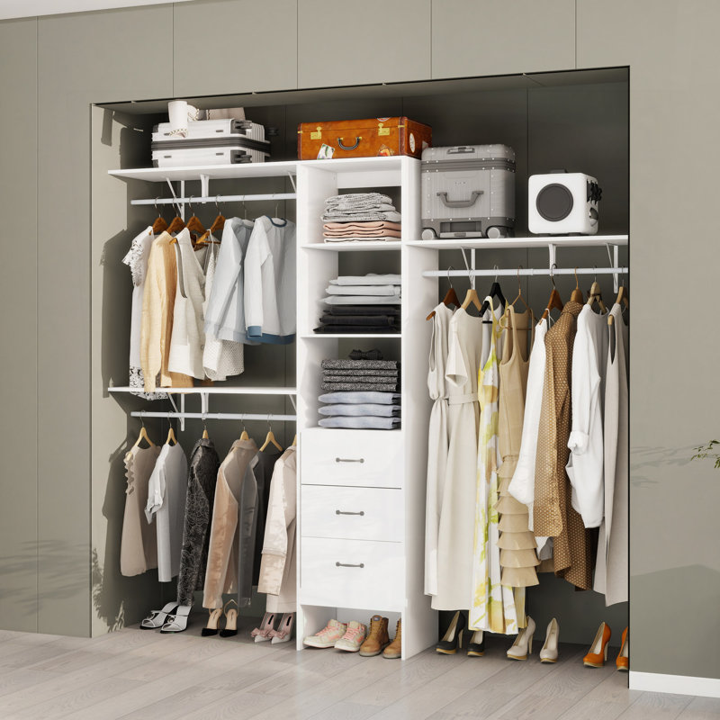 Système d'organisation 96 po, rangement pour garde-robe 8 pi avec 3 tablettes réglables, 3 tringles extensibles et 3 tiroirs, porte-vêtements intégré, L 96 po x l 16 po x H 82 po, charge 1000 lb