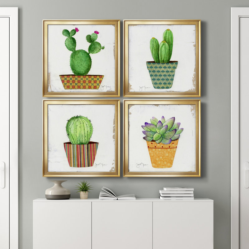 Boho Cacti I - ensemble de 4 peintures sur toile encadrées, Or, H 26,5 po x l 106 po x P 1,5 po