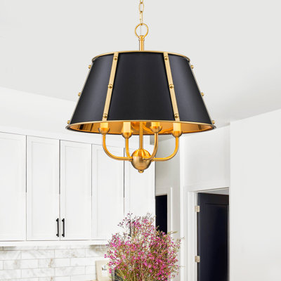 4-Light Modern Industrial Drum Chandelier, 19.5" Black-Gold Chandelier with Adjustable Chain for Dining Room Living Room, Sloped Ceiling Compatible