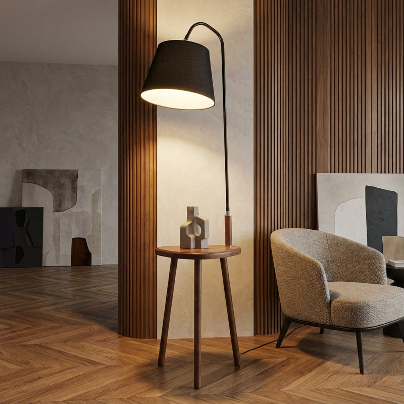 Lampadaire artisanal noir/noyer avec abat-jour à tambour
